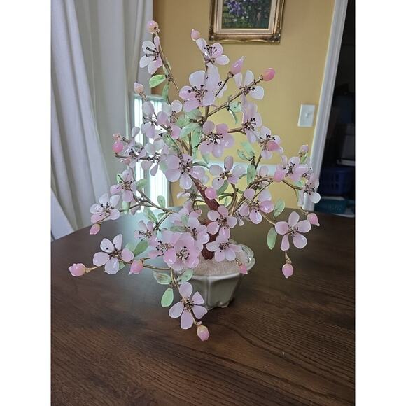 Vintage Large Mid Century Chinese Jade Glass Agate Bonsai Flower Tree 15 X 18 - Picture 1 of 16